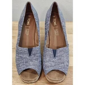 Tom's Women's Peep Toe Cork Wedges Shoes Blue Denim Size 9